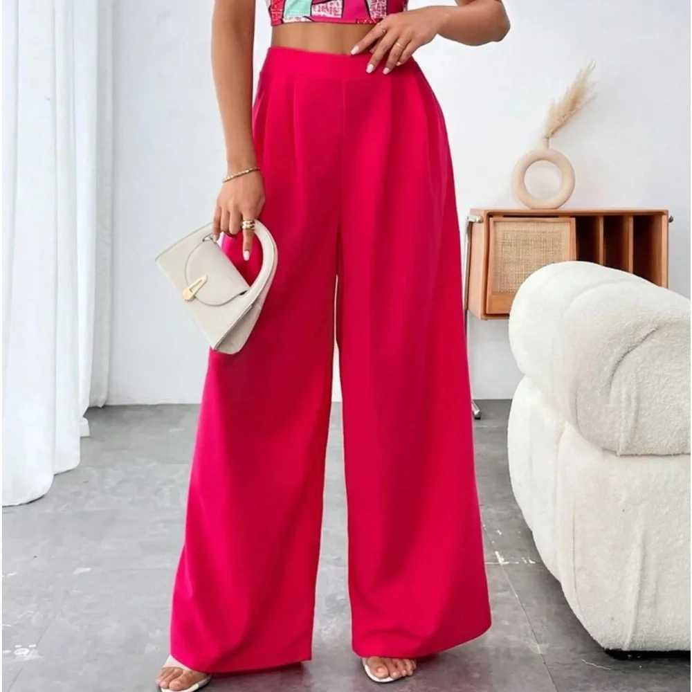 Frenchy Color Block One-Shoulder Slim Fit Top And Loose Wide Leg Pants